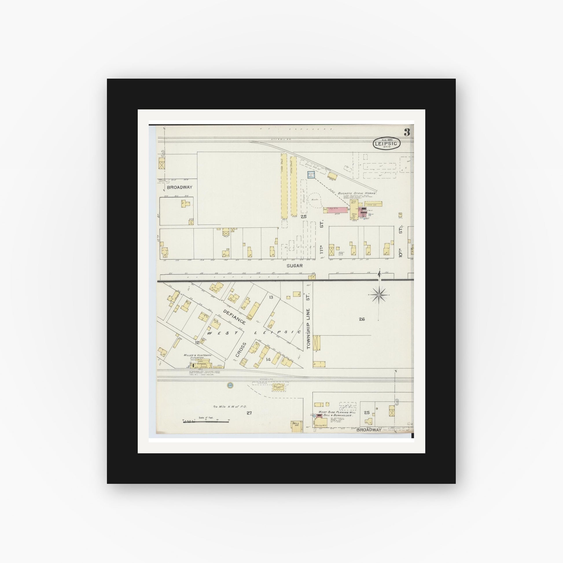 Old map wall art mockup — black gallery frame with white mat — Sanborn Fire Insurance Map from Leipsic, Putnam County, Ohio (1893), Sheet #0003