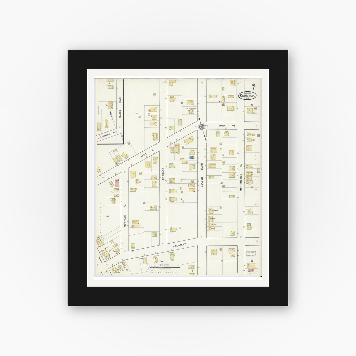 Old map wall art mockup — black gallery frame with white mat — Sanborn Fire Insurance Map from Keansburg, Monmouth County, New Jersey (1917), Sheet #0007