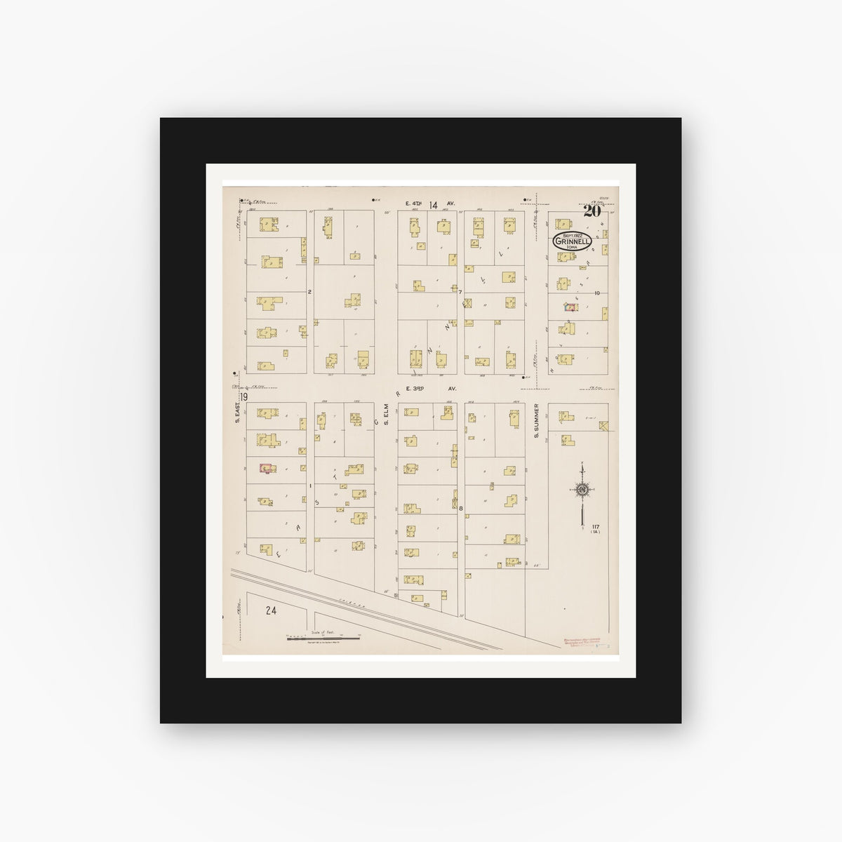 Old map wall art mockup — black gallery frame with white mat — Sanborn Fire Insurance Map from Grinnell, Poweshiek County, Iowa (1922), Sheet #0020