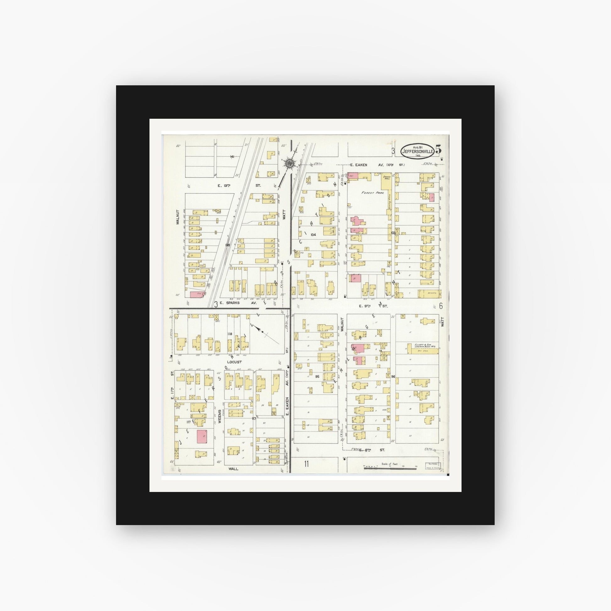 Old map wall art mockup — black gallery frame with white mat — Sanborn Fire Insurance Map from Jeffersonville, Clark County, Indiana (1911), Sheet #0005