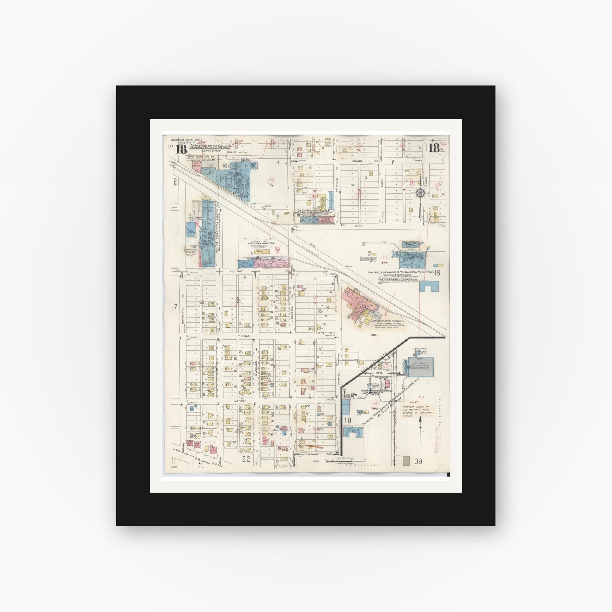 Old map wall art mockup — black gallery frame with white mat — Sanborn Fire Insurance Map from Michigan City, La Porte County, Indiana (1948), Sheet #0018
