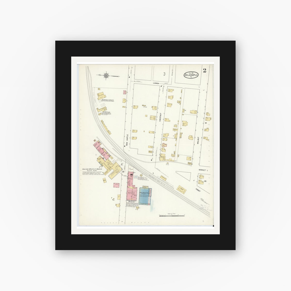 Old map wall art mockup — black gallery frame with white mat — Sanborn Fire Insurance Map from Zelienople, Butler County, Pennsylvania (1912), Sheet #0002