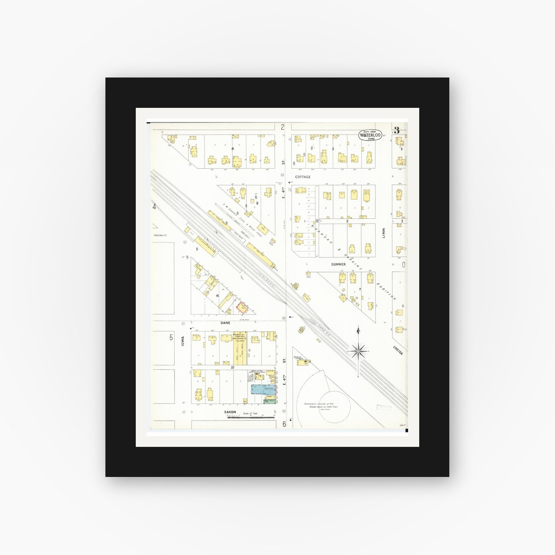 Old map wall art mockup — black gallery frame with white mat — Sanborn Fire Insurance Map from Waterloo, Black Hawk County, Iowa (1900), Sheet #0003