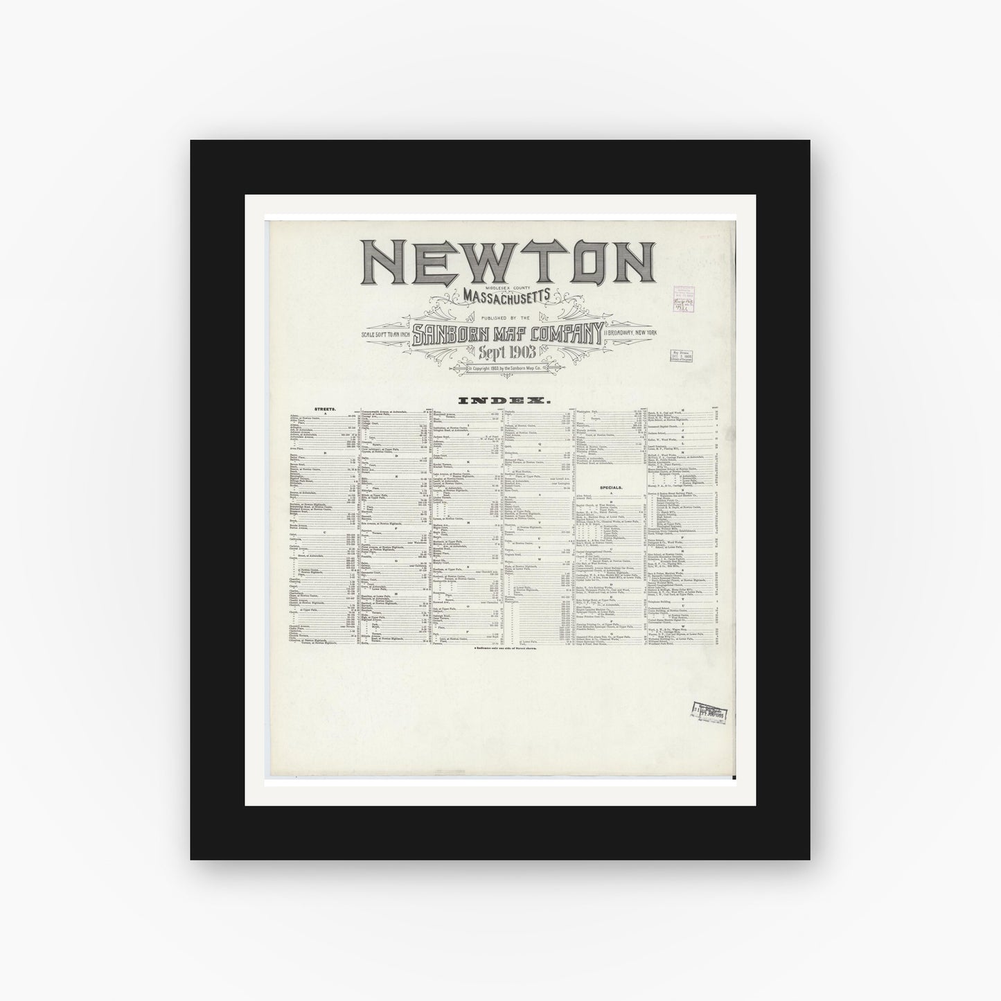 Old map wall art mockup — black gallery frame with white mat — Sanborn Fire Insurance Map from Newton, Middlesex County, Massachusetts (1903), Sheet #0001