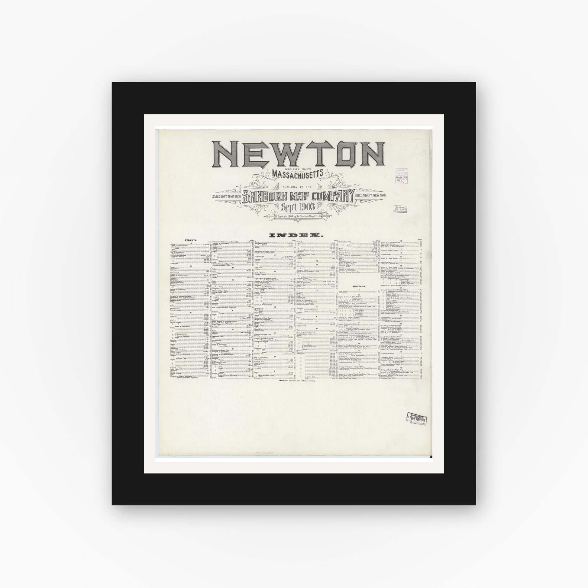 Old map wall art mockup — black gallery frame with white mat — Sanborn Fire Insurance Map from Newton, Middlesex County, Massachusetts (1903), Sheet #0001
