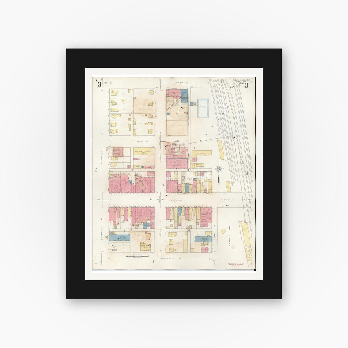 Old map wall art mockup — black gallery frame with white mat — Sanborn Fire Insurance Map from Eagle Grove, Wright County, Iowa (1941), Sheet #0003