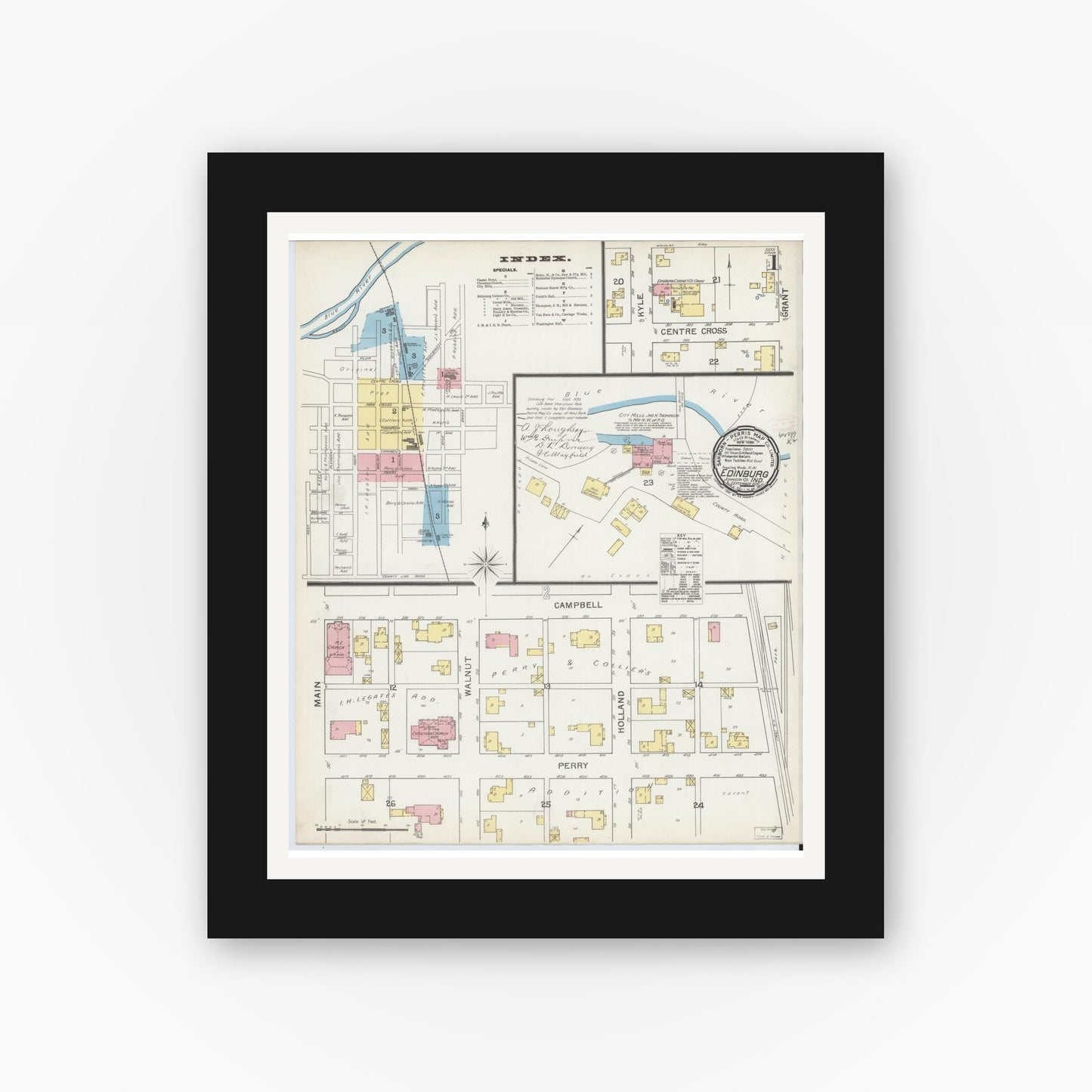 Old map wall art mockup — black gallery frame with white mat — Sanborn Fire Insurance Map from Edinburg, Johnson And Bartholomew Counties, Indiana (1892) - Complete Map Set