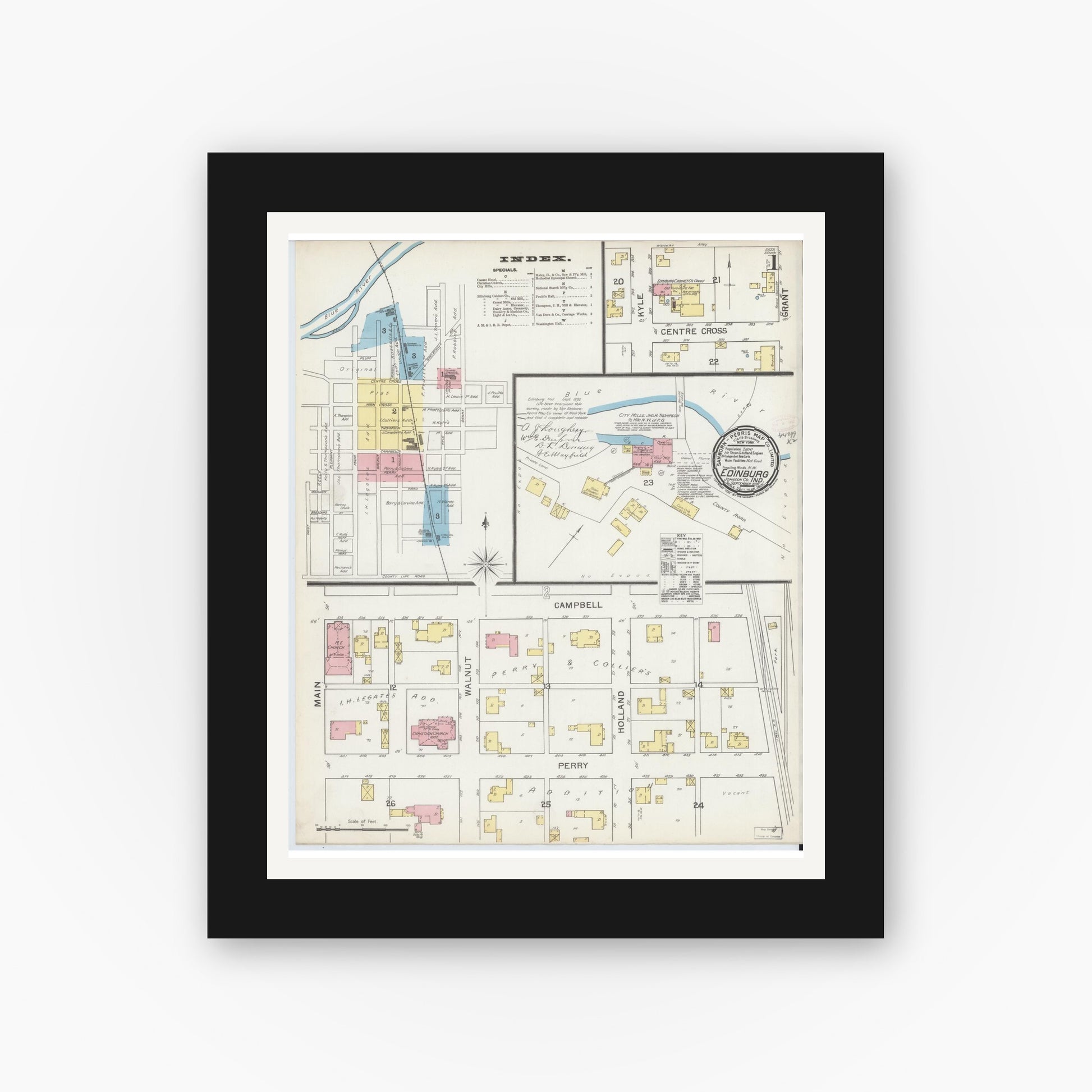 Old map wall art mockup — black gallery frame with white mat — Sanborn Fire Insurance Map from Edinburg, Johnson And Bartholomew Counties, Indiana (1892) - Complete Map Set