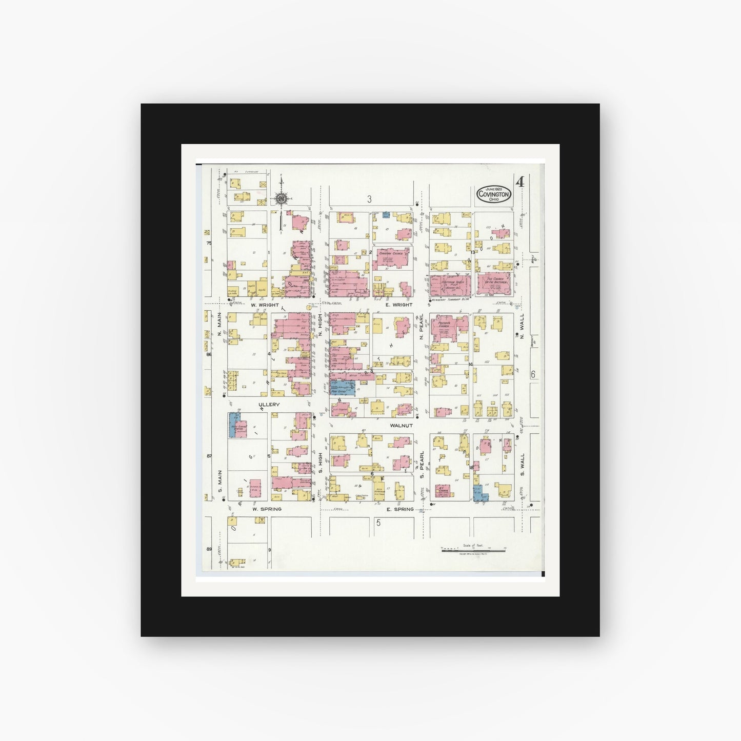 Old map wall art mockup — black gallery frame with white mat — Sanborn Fire Insurance Map from Covington, Miami County, Ohio (1920), Sheet #0004