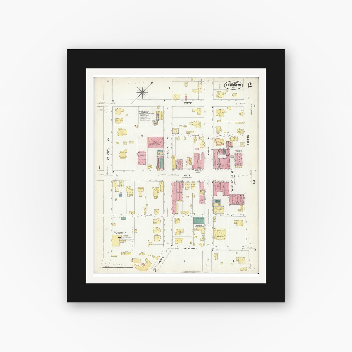 Old map wall art mockup — black gallery frame with white mat — Sanborn Fire Insurance Map from Lexington, Davidson County, North Carolina (1907), Sheet #0002