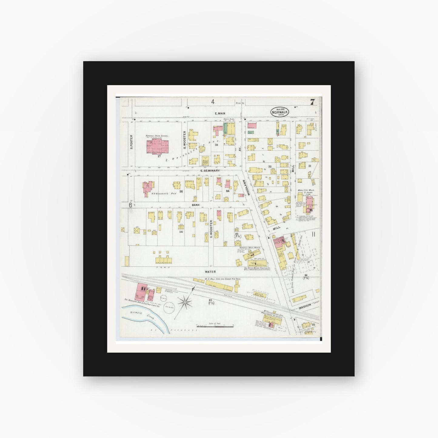 Old map wall art mockup — black gallery frame with white mat — Sanborn Fire Insurance Map from Norwalk, Huron County, Ohio (1899), Sheet #0007