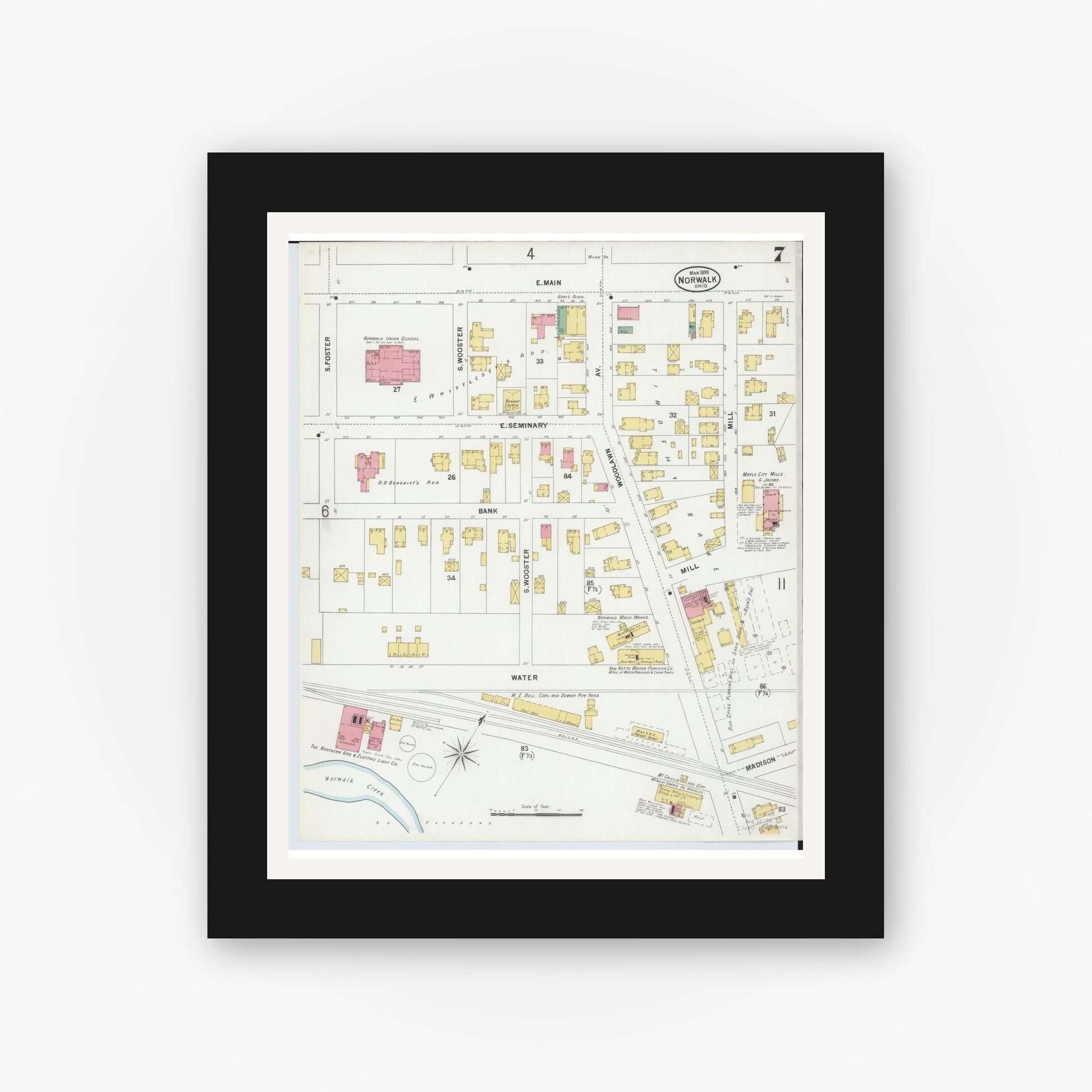 Old map wall art mockup — black gallery frame with white mat — Sanborn Fire Insurance Map from Norwalk, Huron County, Ohio (1899), Sheet #0007