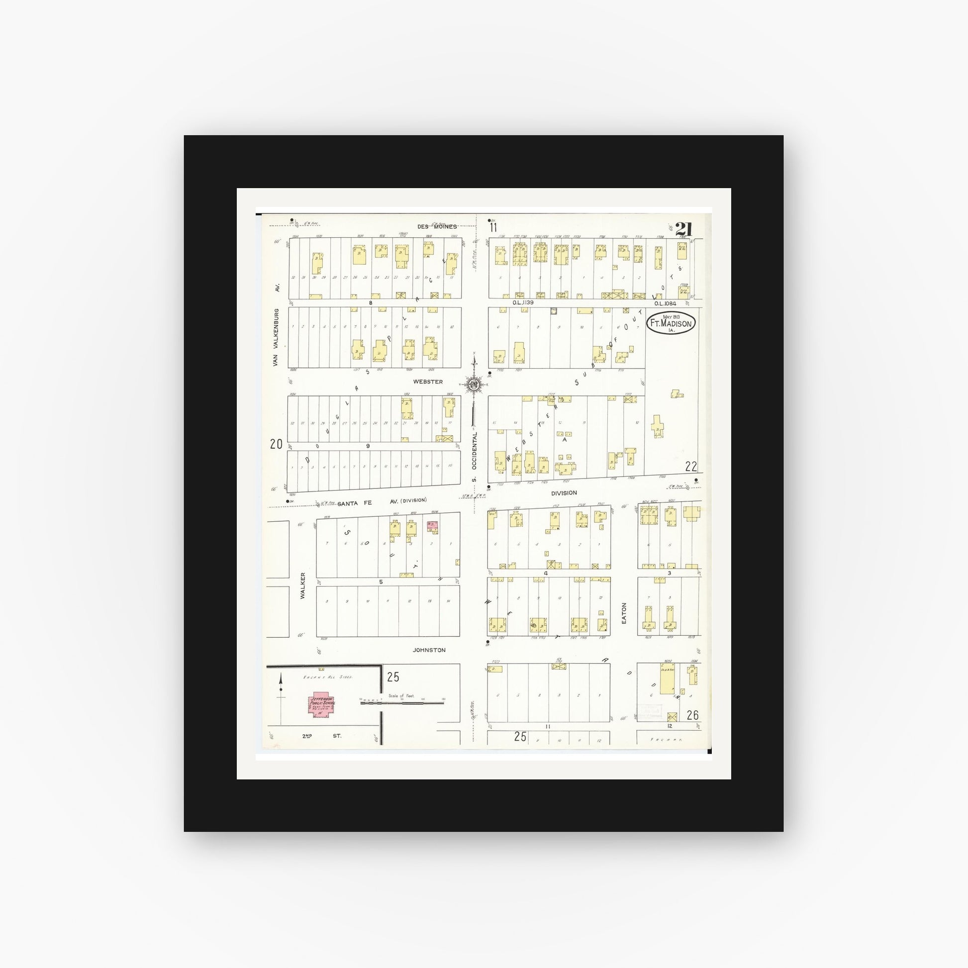 Old map wall art mockup — black gallery frame with white mat — Sanborn Fire Insurance Map from Fort Madison, Lee County, Iowa (1913), Sheet #0021