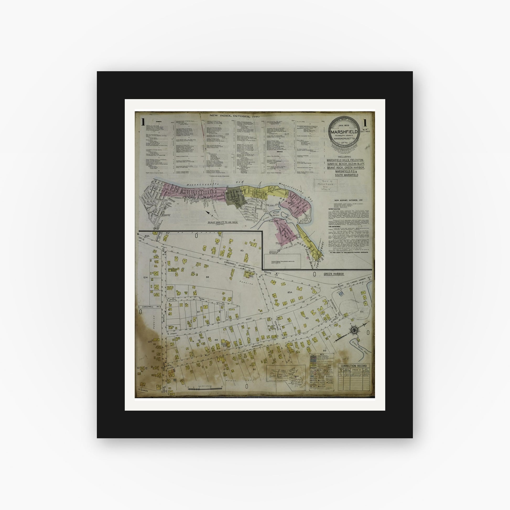 Old map wall art mockup — black gallery frame with white mat — Sanborn Fire Insurance Map from Marshfield, Plymouth County, Massachusetts (1954) - Complete Map Set