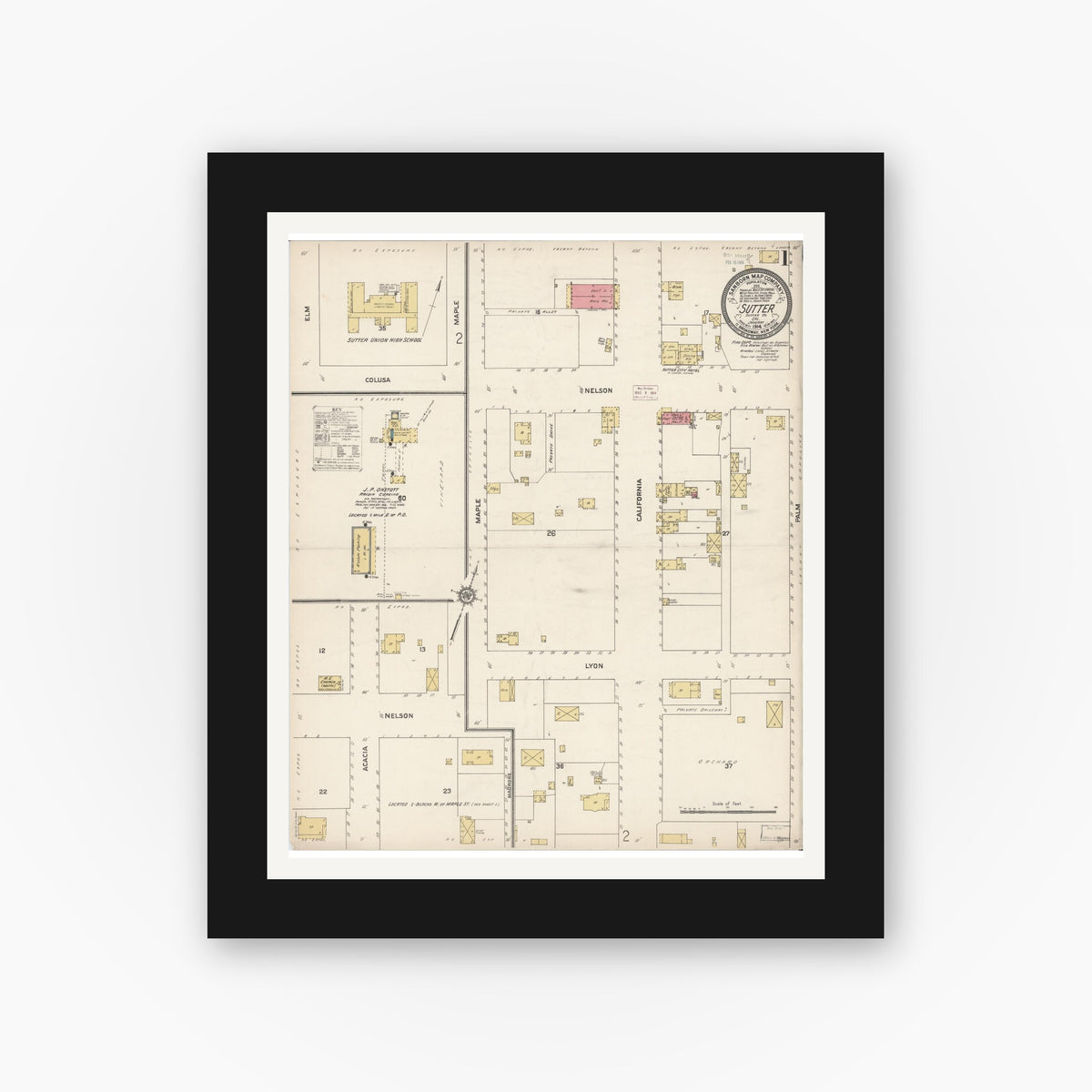 Old map wall art mockup — black gallery frame with white mat — Sanborn Fire Insurance Map from Sutter, Sutter County, California (1914) - Complete Map Set