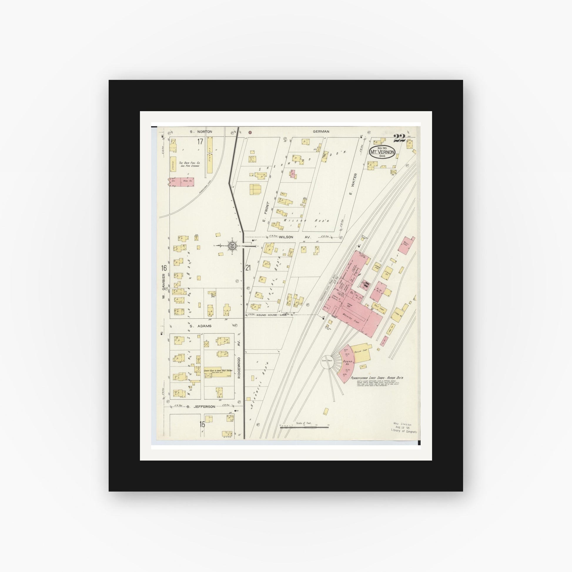 Old map wall art mockup — black gallery frame with white mat — Sanborn Fire Insurance Map from Mount Vernon, Knox County, Ohio (1913), Sheet #0022
