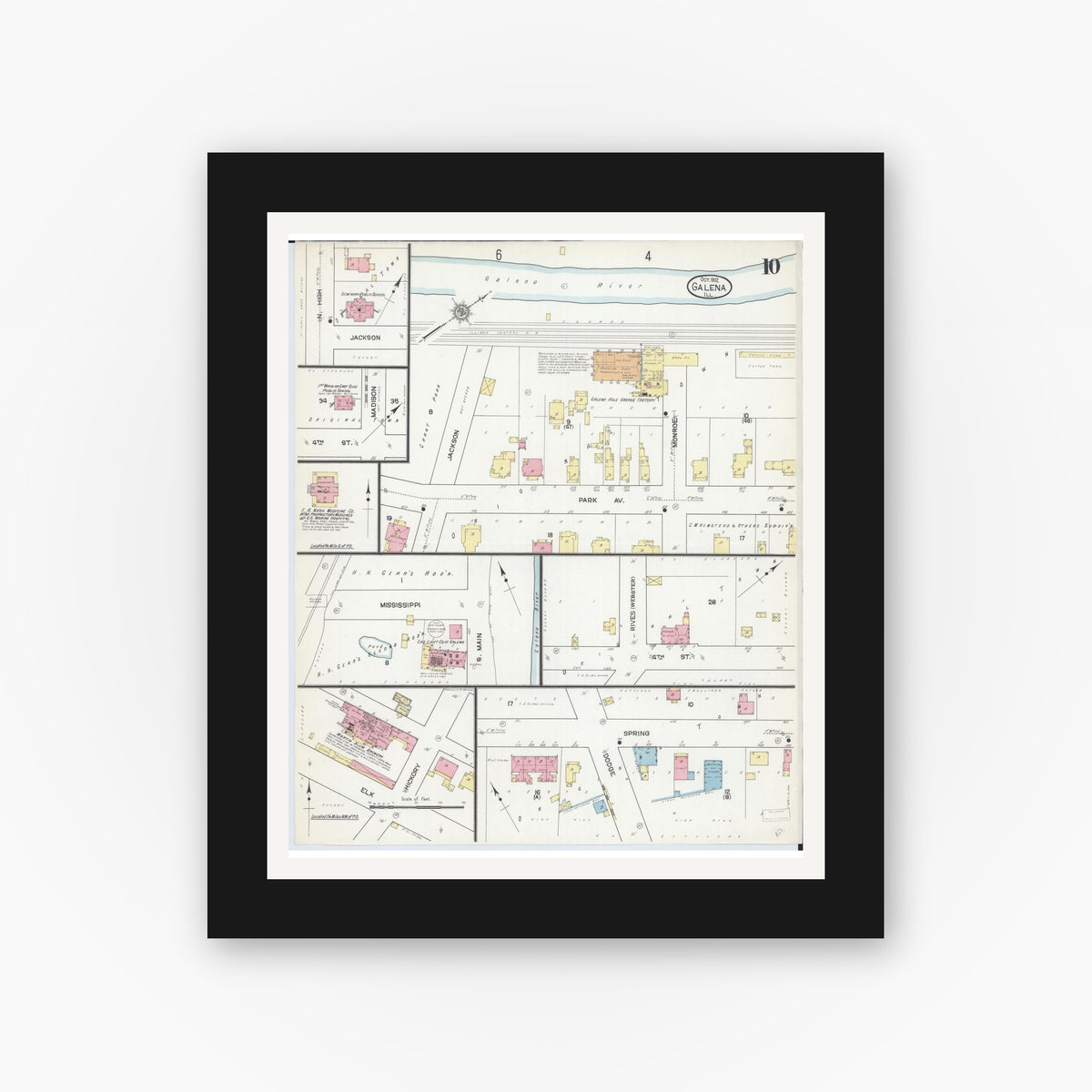 Old map wall art mockup — black gallery frame with white mat — Sanborn Fire Insurance Map from Galena, Jo Daviess County, Illinois (1912), Sheet #0010
