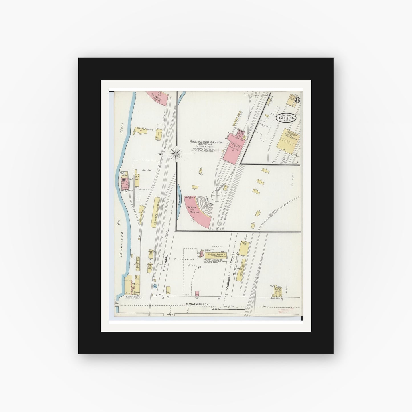 Old map wall art mockup — black gallery frame with white mat — Sanborn Fire Insurance Map from Owosso, Shiawassee County, Michigan (1894), Sheet #0008