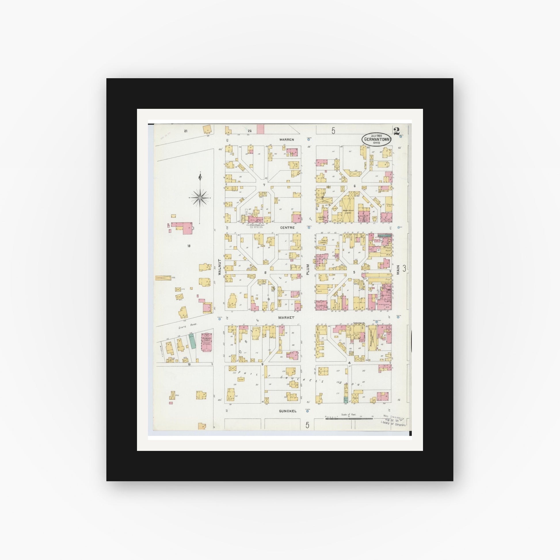 Old map wall art mockup — black gallery frame with white mat — Sanborn Fire Insurance Map from Germantown, Montgomery County, Ohio (1905), Sheet #0002