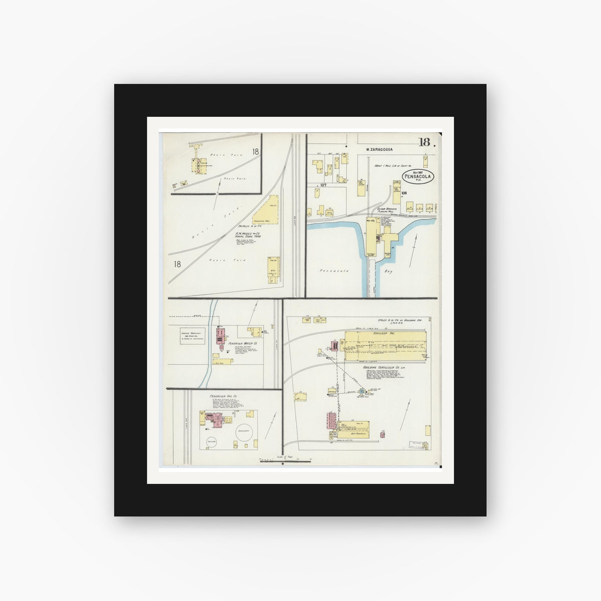 Old map wall art mockup — black gallery frame with white mat — Sanborn Fire Insurance Map from Pensacola, Escambia County, Florida (1897), Sheet #0018