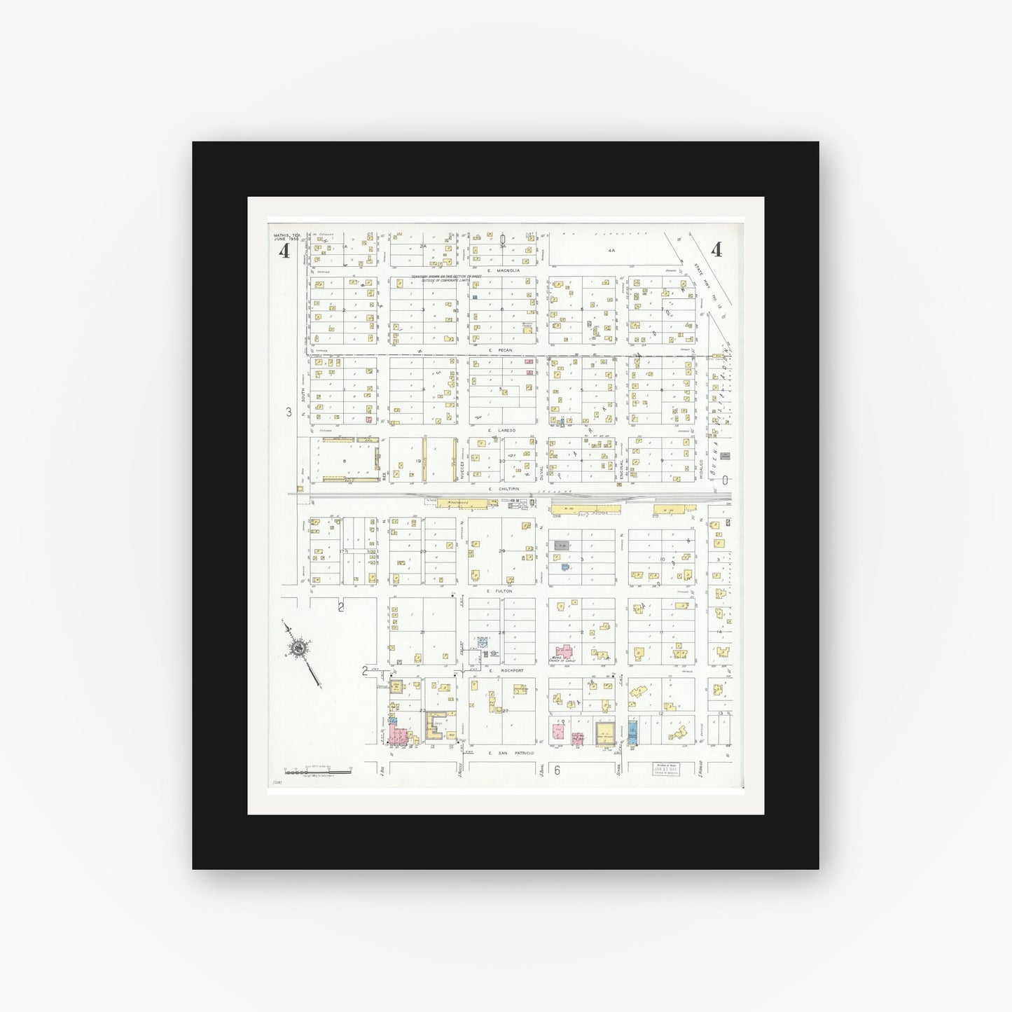 Old map wall art mockup — black gallery frame with white mat — Sanborn Fire Insurance Map from Mathis, San Patricio County, Texas (1950), Sheet #0004