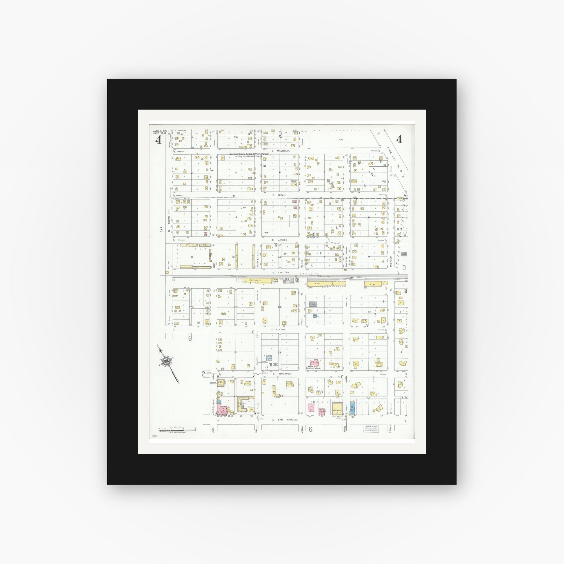 Old map wall art mockup — black gallery frame with white mat — Sanborn Fire Insurance Map from Mathis, San Patricio County, Texas (1950), Sheet #0004