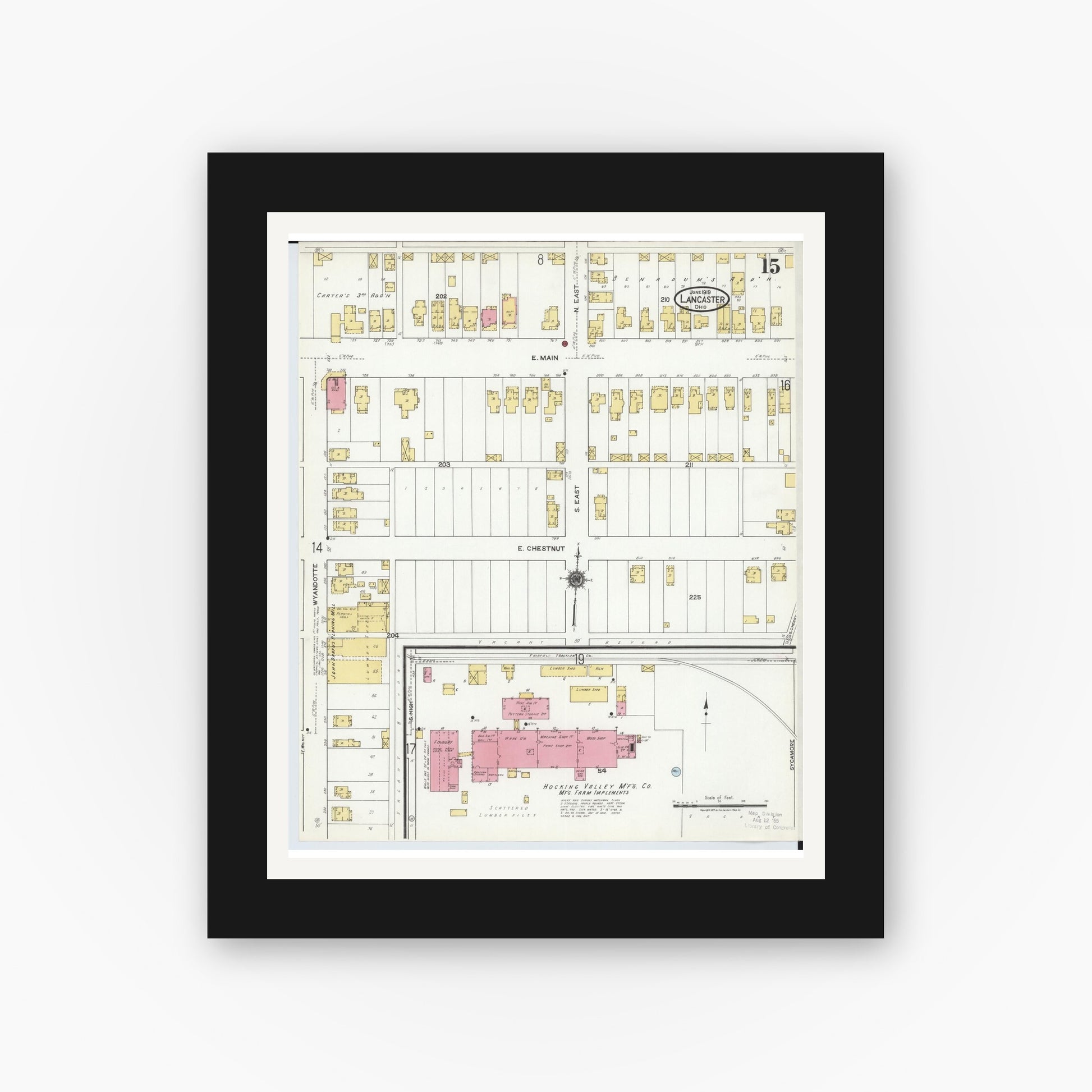 Old map wall art mockup — black gallery frame with white mat — Sanborn Fire Insurance Map from Lancaster, Fairfield County, Ohio (1919), Sheet #0015