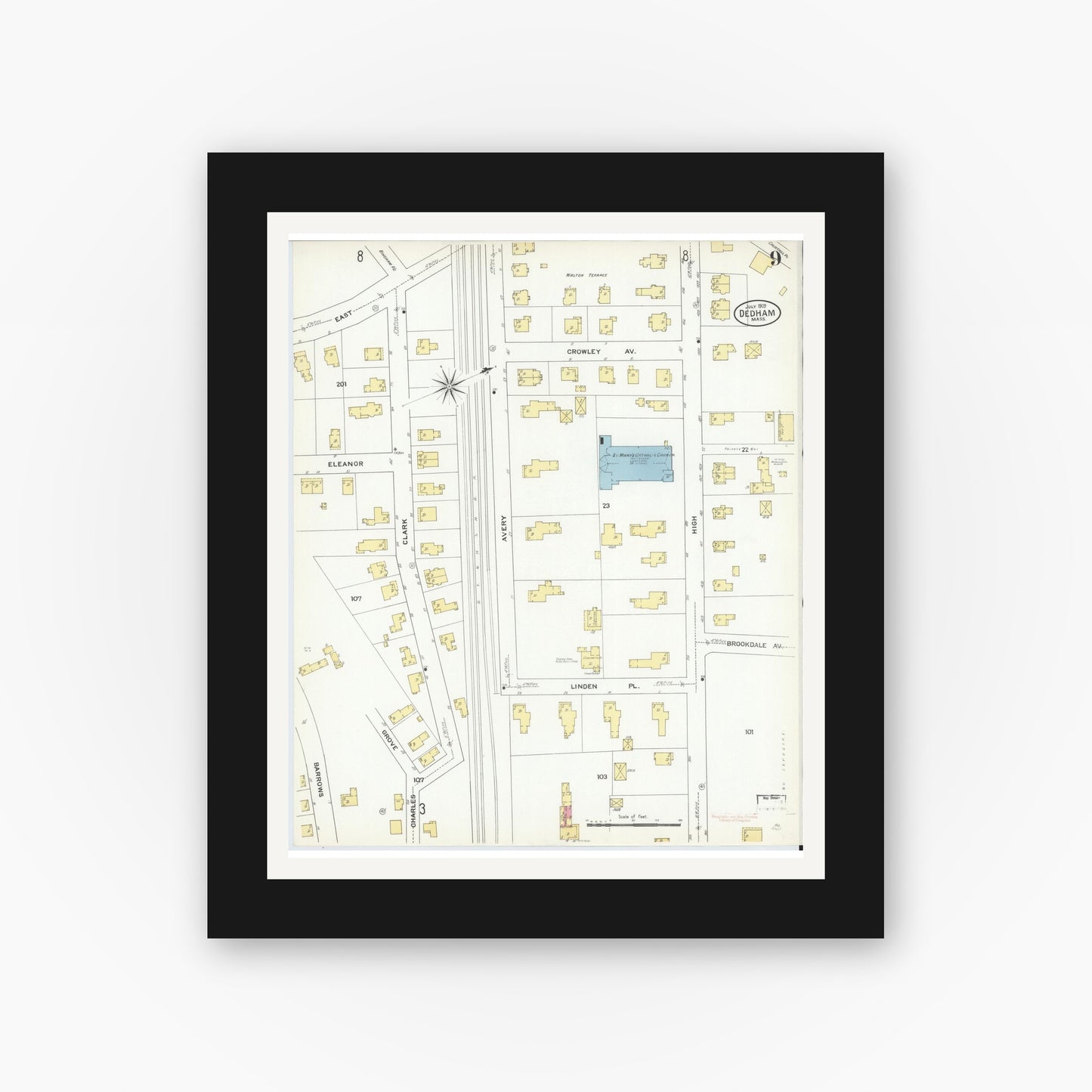 Old map wall art mockup — black gallery frame with white mat — Sanborn Fire Insurance Map from Dedham, Norfolk County, Massachusetts (1909), Sheet #0009