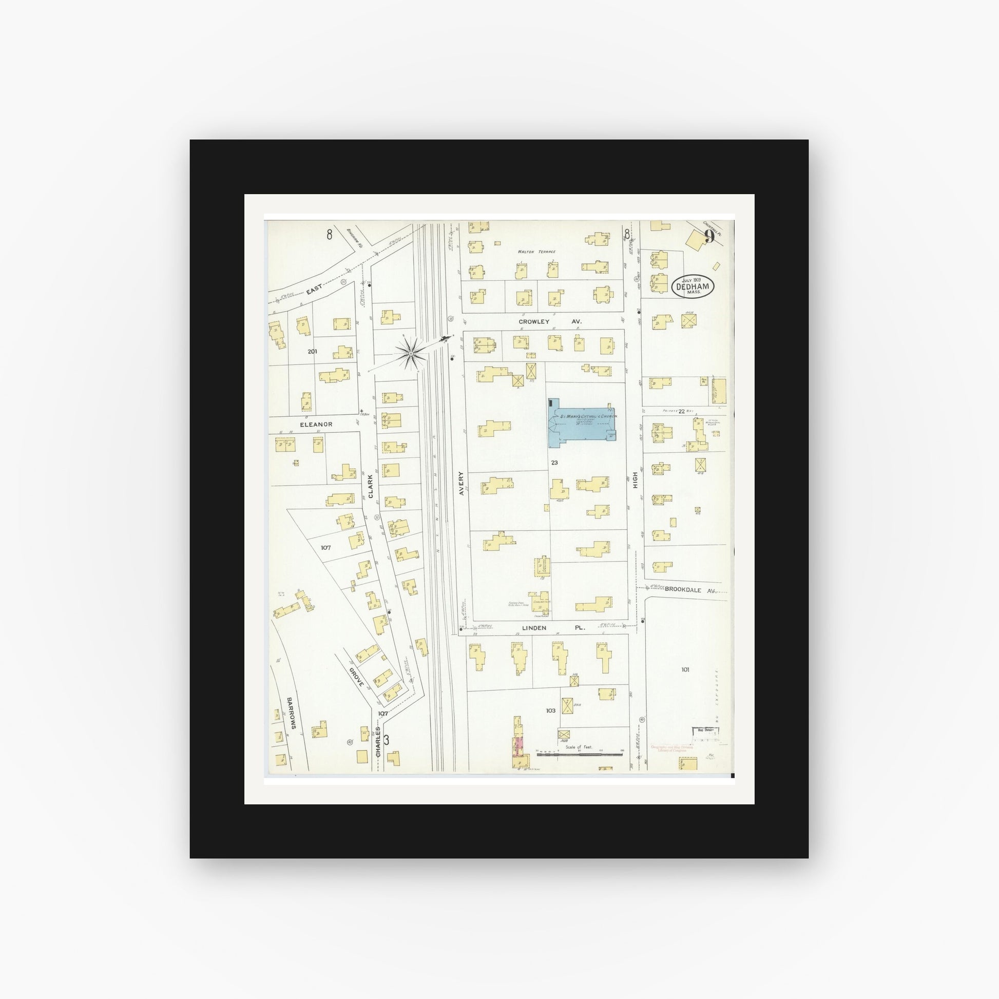 Old map wall art mockup — black gallery frame with white mat — Sanborn Fire Insurance Map from Dedham, Norfolk County, Massachusetts (1909), Sheet #0009