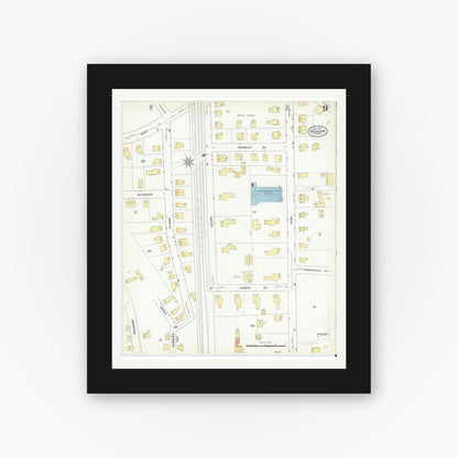 Old map wall art mockup — black gallery frame with white mat — Sanborn Fire Insurance Map from Dedham, Norfolk County, Massachusetts (1909), Sheet #0009