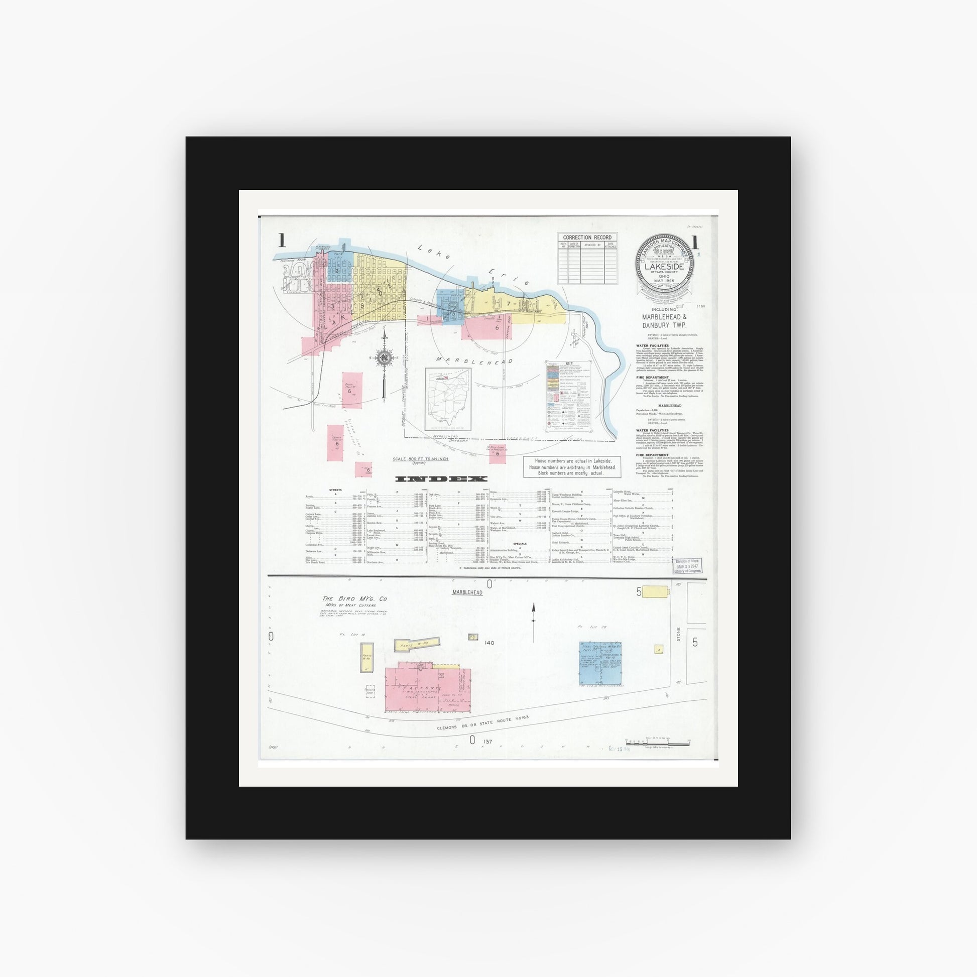 Old map wall art mockup — black gallery frame with white mat — Sanborn Fire Insurance Map from Lakeside, Ottawa County, Ohio (1946) - Complete Map Set