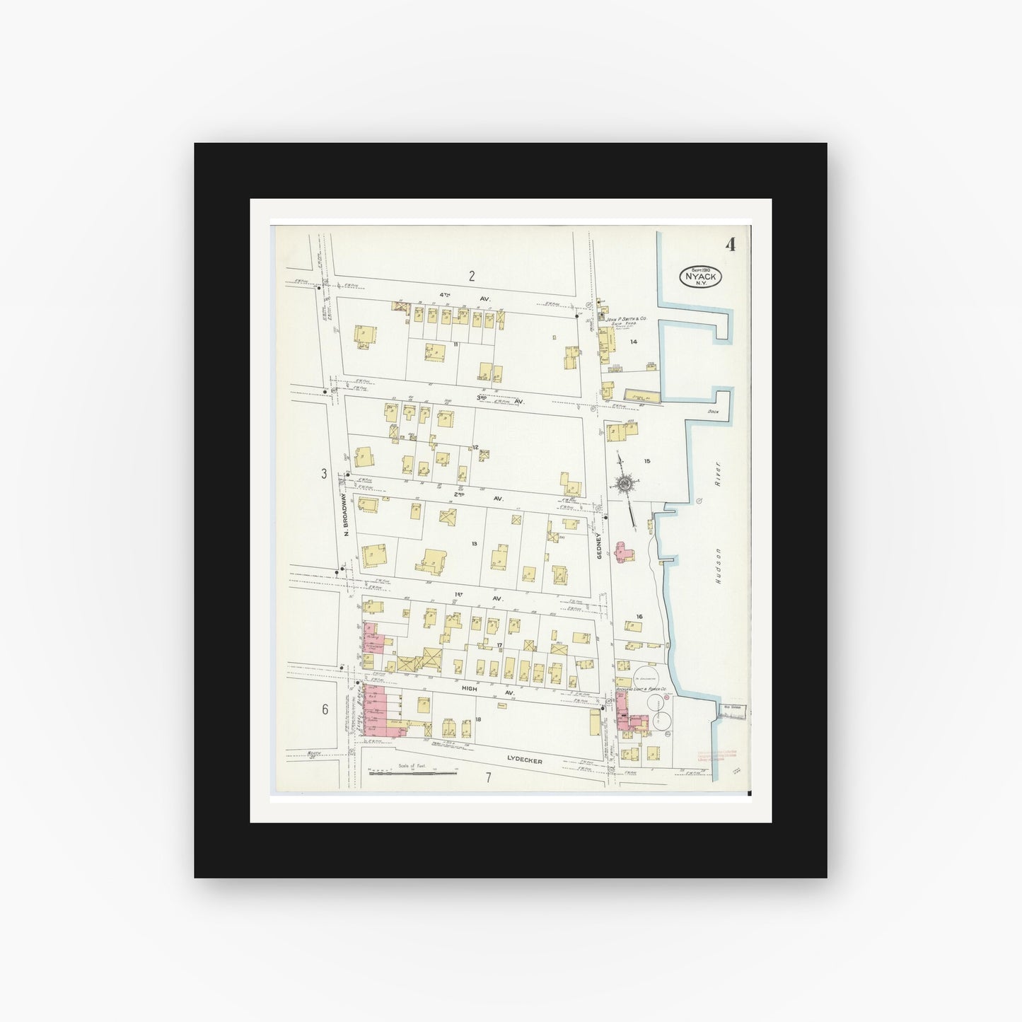 Old map wall art mockup — black gallery frame with white mat — Sanborn Fire Insurance Map from Nyack, Rockland County, New York. (1910), Sheet #0004