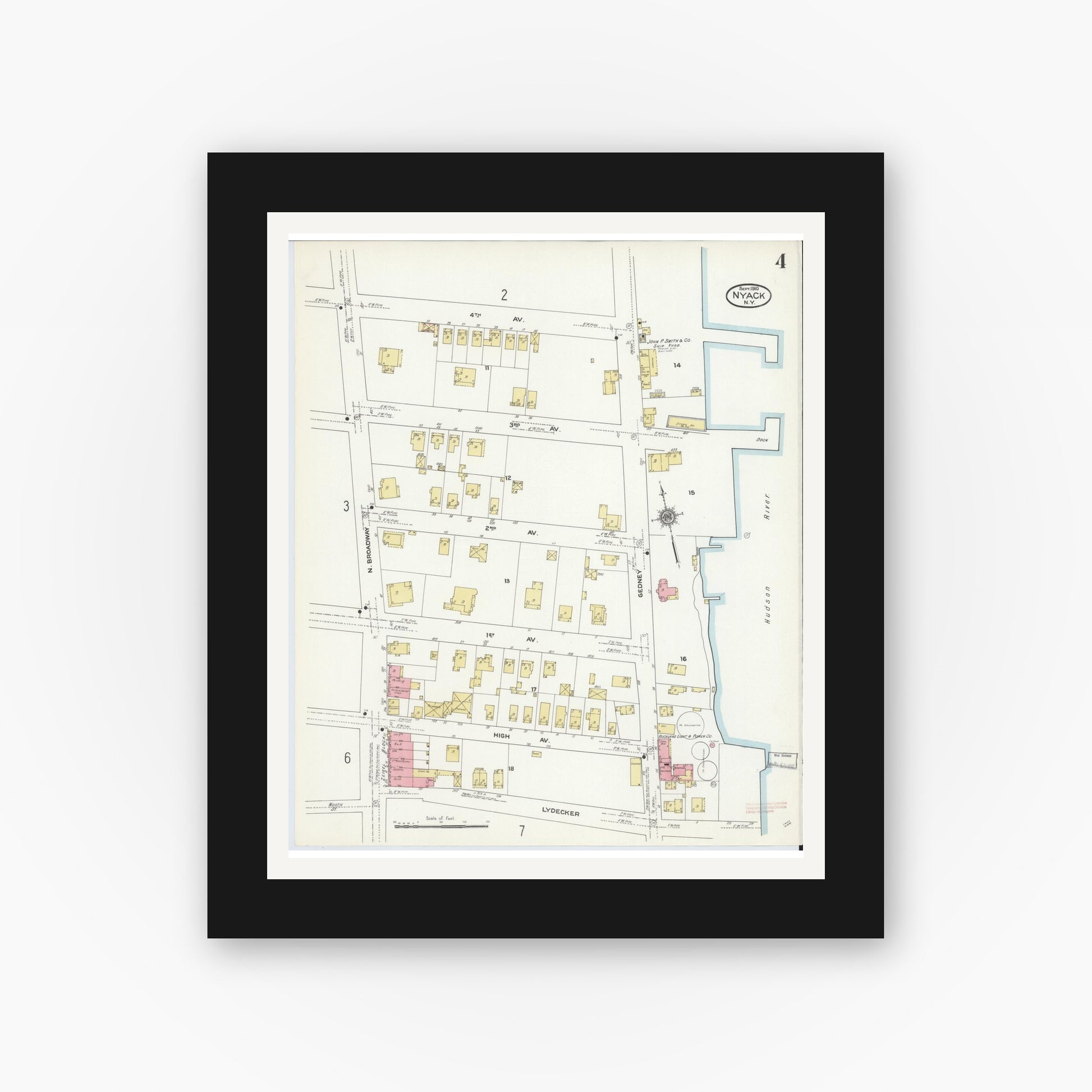 Old map wall art mockup — black gallery frame with white mat — Sanborn Fire Insurance Map from Nyack, Rockland County, New York. (1910), Sheet #0004