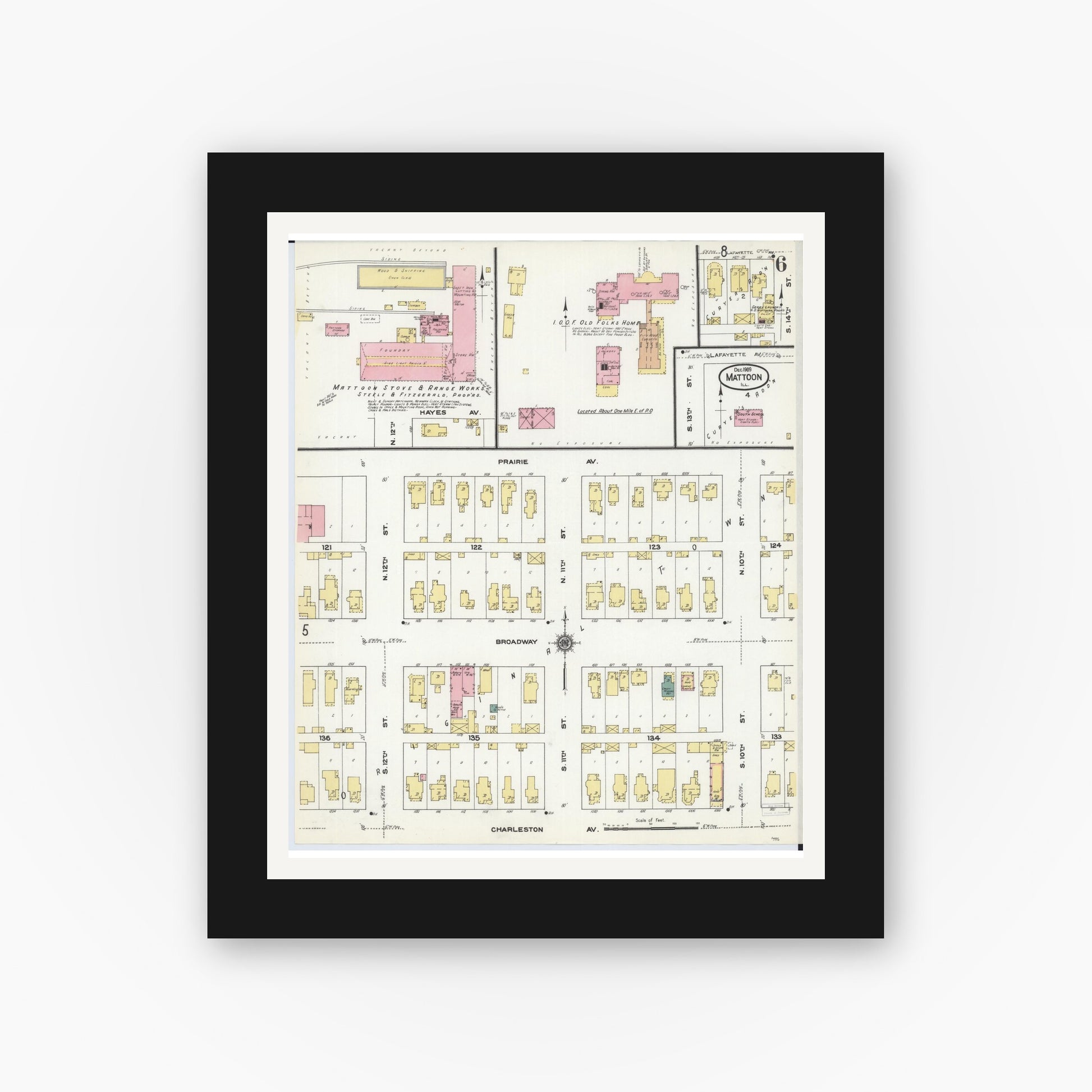 Old map wall art mockup — black gallery frame with white mat — Sanborn Fire Insurance Map from Mattoon, Coles County, Illinois (1909), Sheet #0006