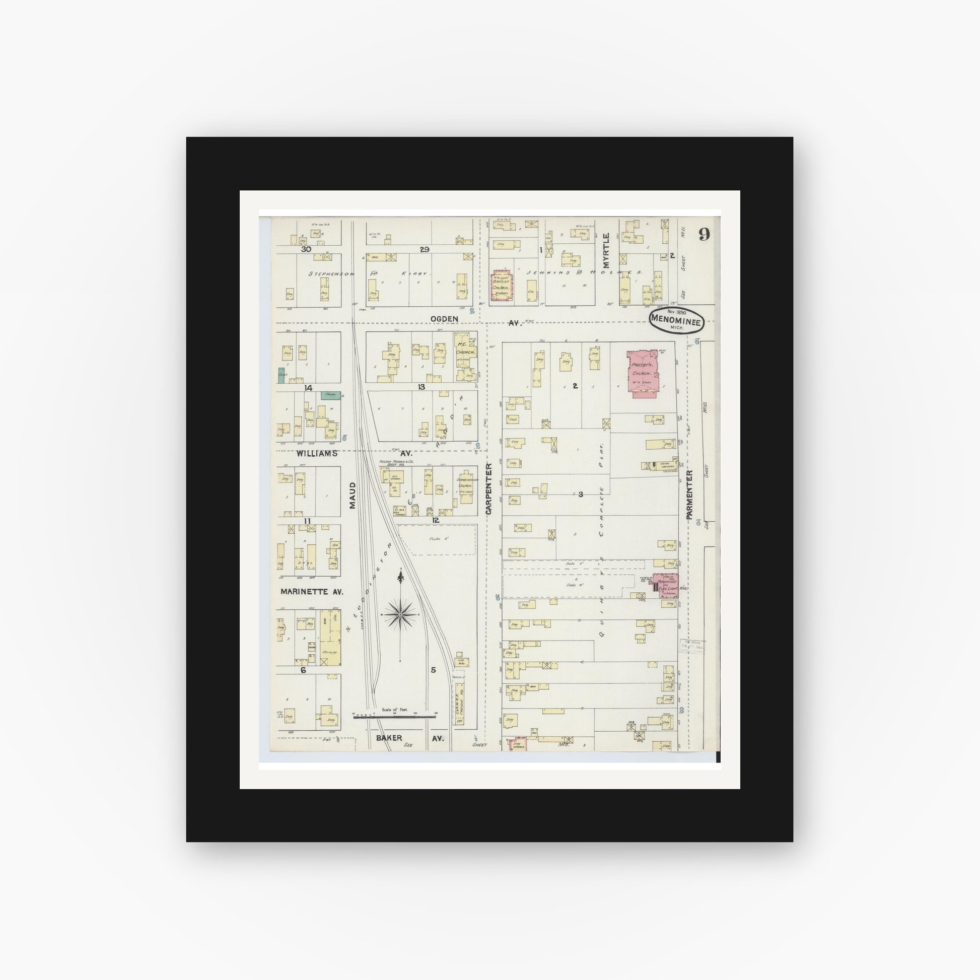 Old map wall art mockup — black gallery frame with white mat — Sanborn Fire Insurance Map from Menominee, Menominee County, Michigan (1890), Sheet #0009