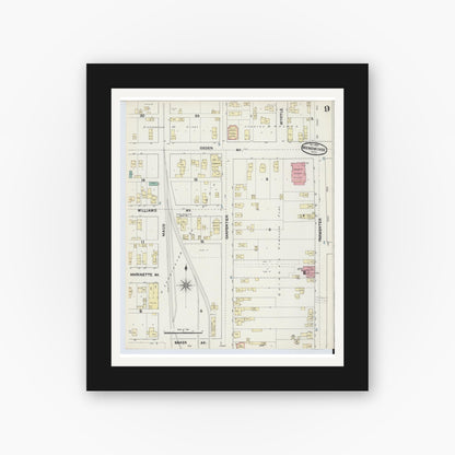 Old map wall art mockup — black gallery frame with white mat — Sanborn Fire Insurance Map from Menominee, Menominee County, Michigan (1890), Sheet #0009