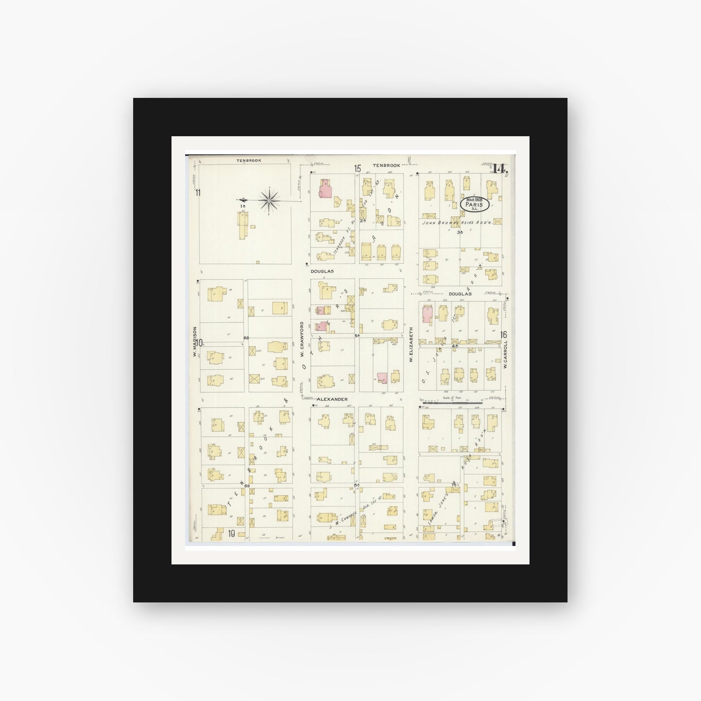 Old map wall art mockup — black gallery frame with white mat — Sanborn Fire Insurance Map from Paris, Edgar County, Illinois (1908), Sheet #0014