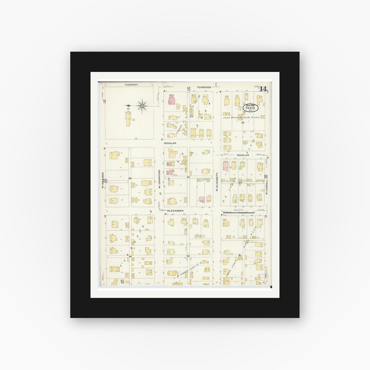 Old map wall art mockup — black gallery frame with white mat — Sanborn Fire Insurance Map from Paris, Edgar County, Illinois (1908), Sheet #0014