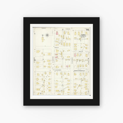 Old map wall art mockup — black gallery frame with white mat — Sanborn Fire Insurance Map from Paris, Edgar County, Illinois (1908), Sheet #0014