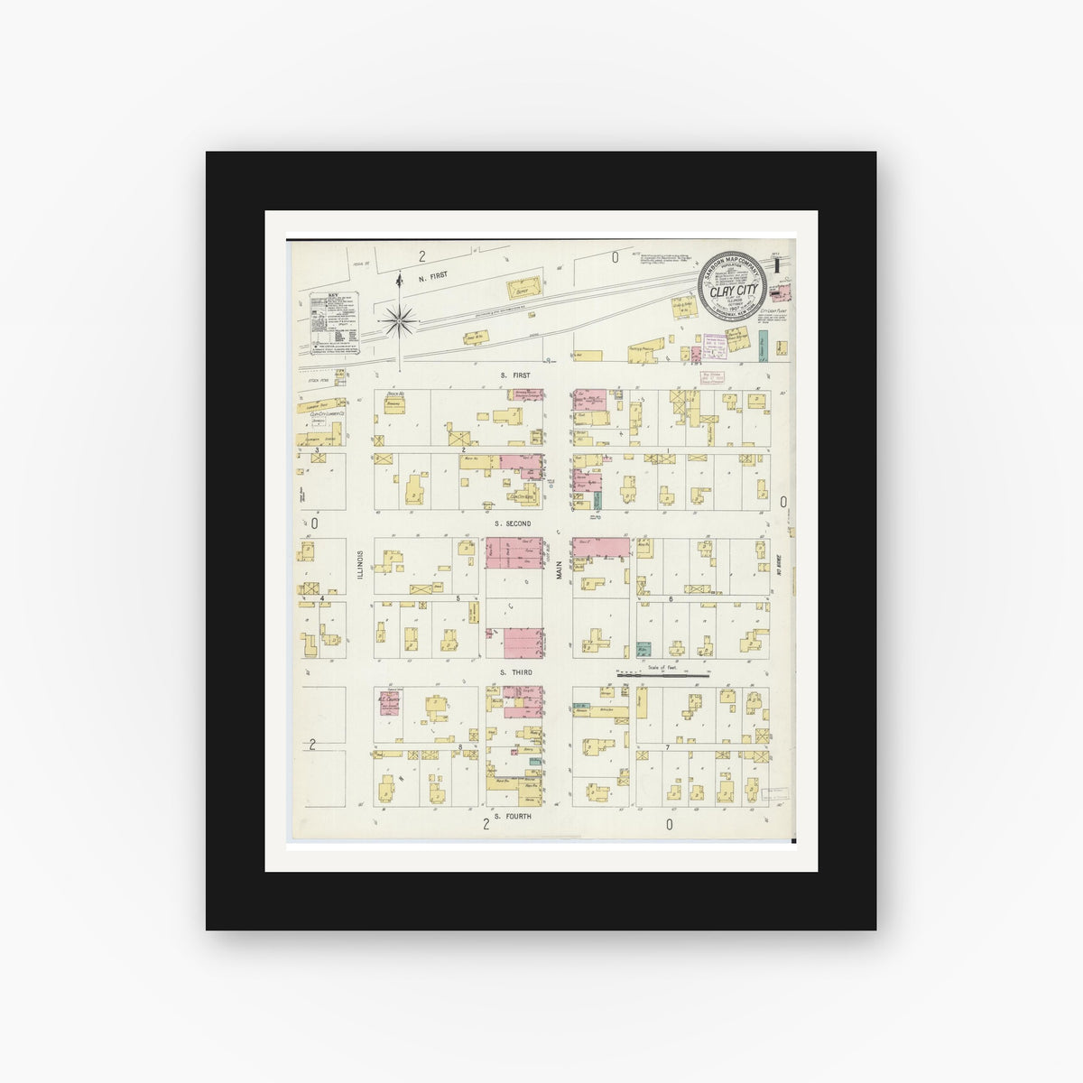 Old map wall art mockup — black gallery frame with white mat — Sanborn Fire Insurance Map from Clay City, Clay County, Illinois (1907), Sheet #0001