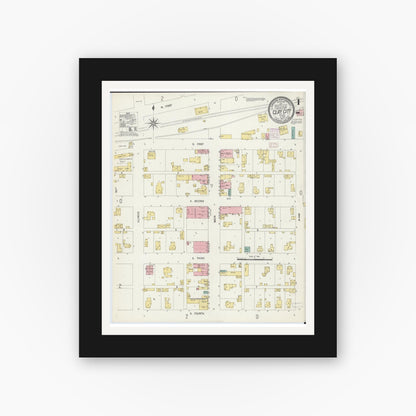 Old map wall art mockup — black gallery frame with white mat — Sanborn Fire Insurance Map from Clay City, Clay County, Illinois (1907), Sheet #0001