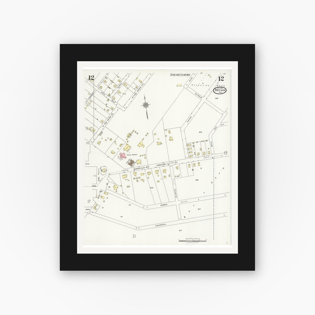 Old map wall art mockup — black gallery frame with white mat — Sanborn Fire Insurance Map from Bryan, Brazos County, Texas (1925), Sheet #0012