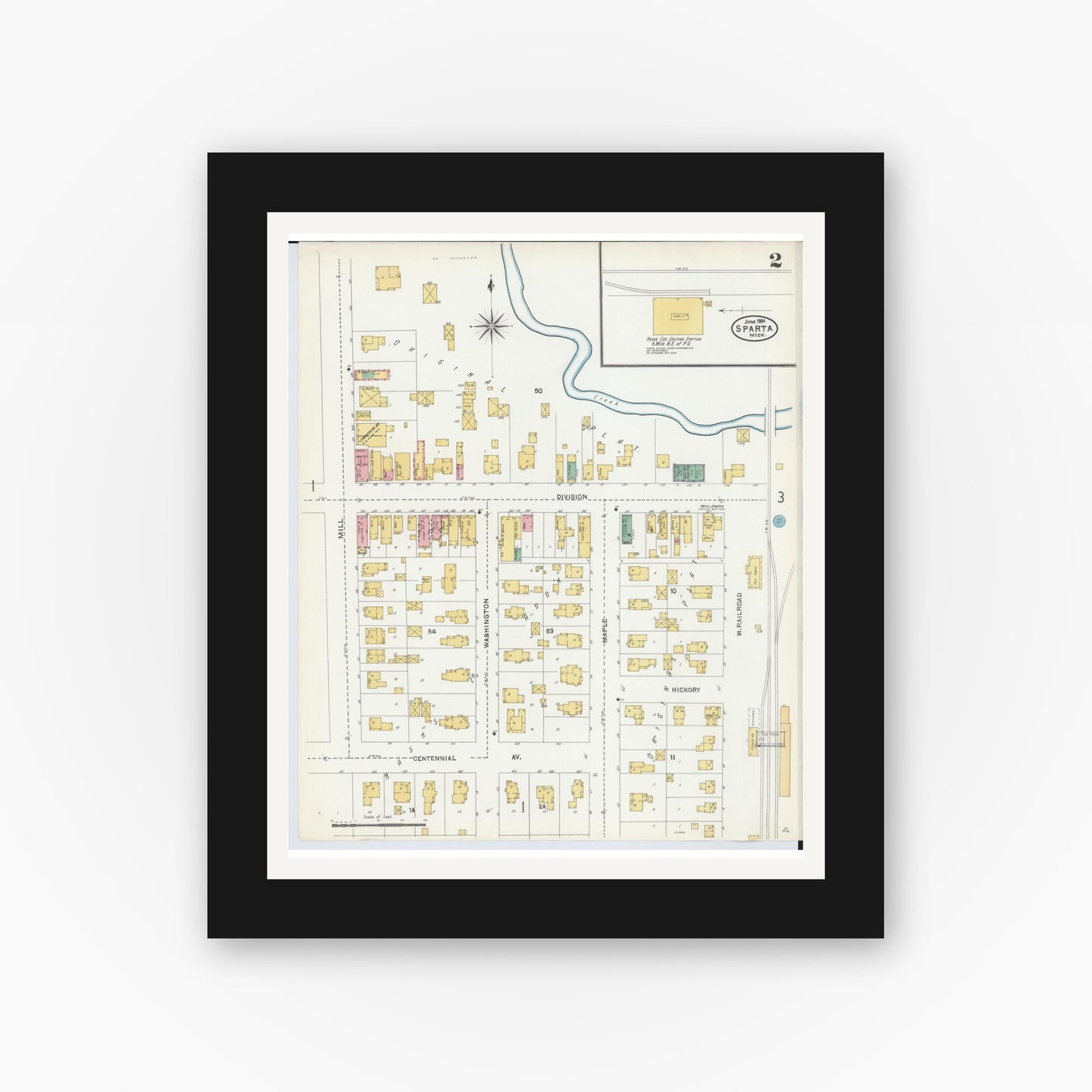 Old map wall art mockup — black gallery frame with white mat — Sanborn Fire Insurance Map from Sparta, Kent County, Michigan (1904), Sheet #0002