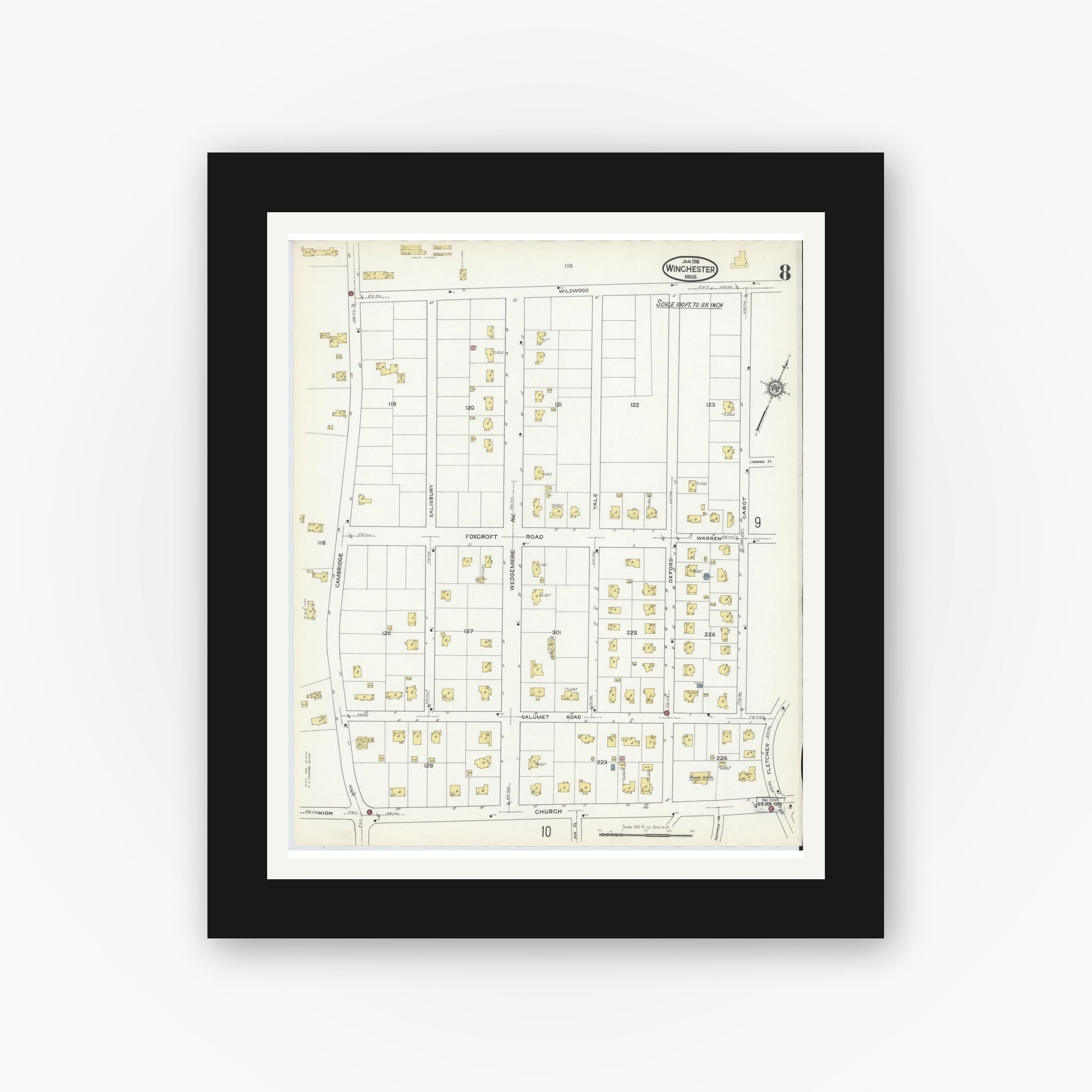 Old map wall art mockup — black gallery frame with white mat — Sanborn Fire Insurance Map from Winchester, Middlesex County, Massachusetts (1916), Sheet #0008