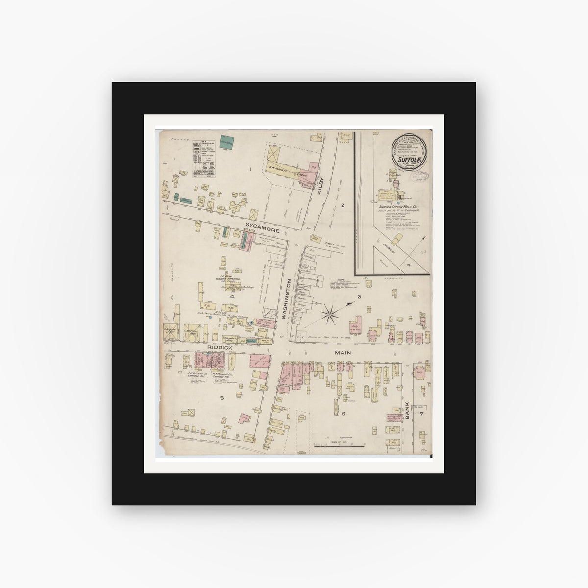 Old map wall art mockup — black gallery frame with white mat — Sanborn Fire Insurance Map from Suffolk, Independent Cities, Virginia (1885), Sheet #0001