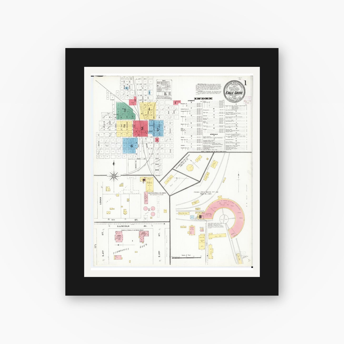 Old map wall art mockup — black gallery frame with white mat — Sanborn Fire Insurance Map from Eagle Grove, Wright County, Iowa (1906) â€” Complete Set