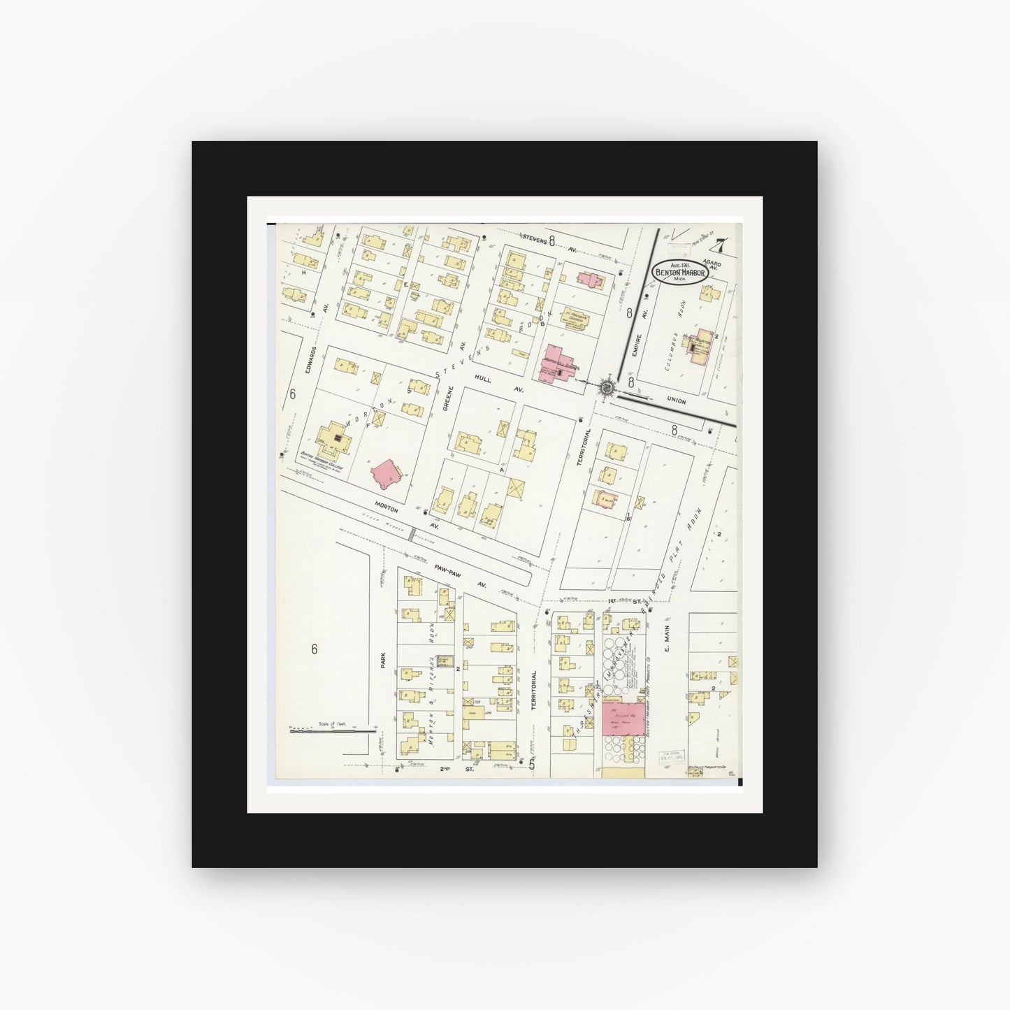 Old map wall art mockup — black gallery frame with white mat — Sanborn Fire Insurance Map from Benton Harbor, Berrien County, Michigan (1911), Sheet #0007