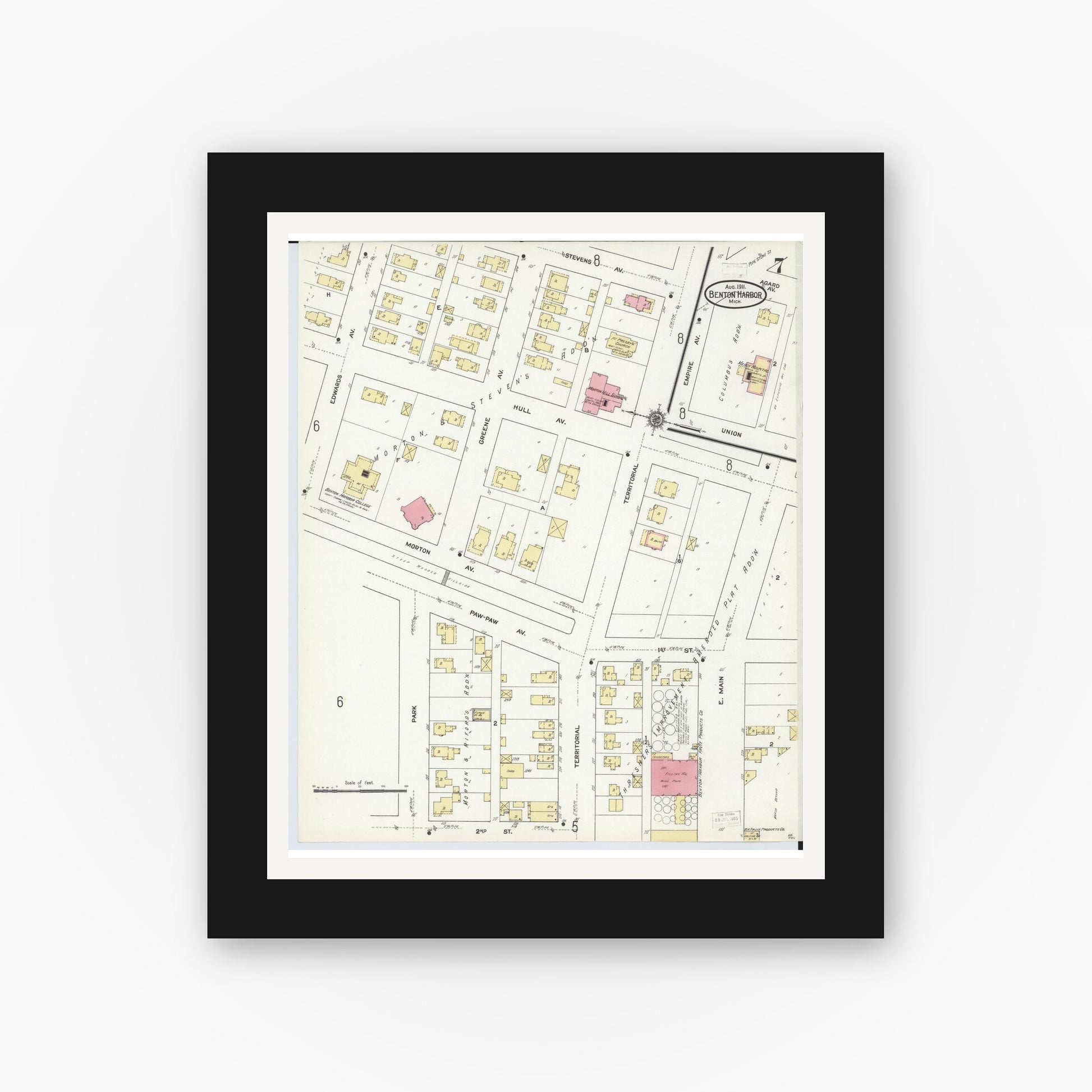 Old map wall art mockup — black gallery frame with white mat — Sanborn Fire Insurance Map from Benton Harbor, Berrien County, Michigan (1911), Sheet #0007