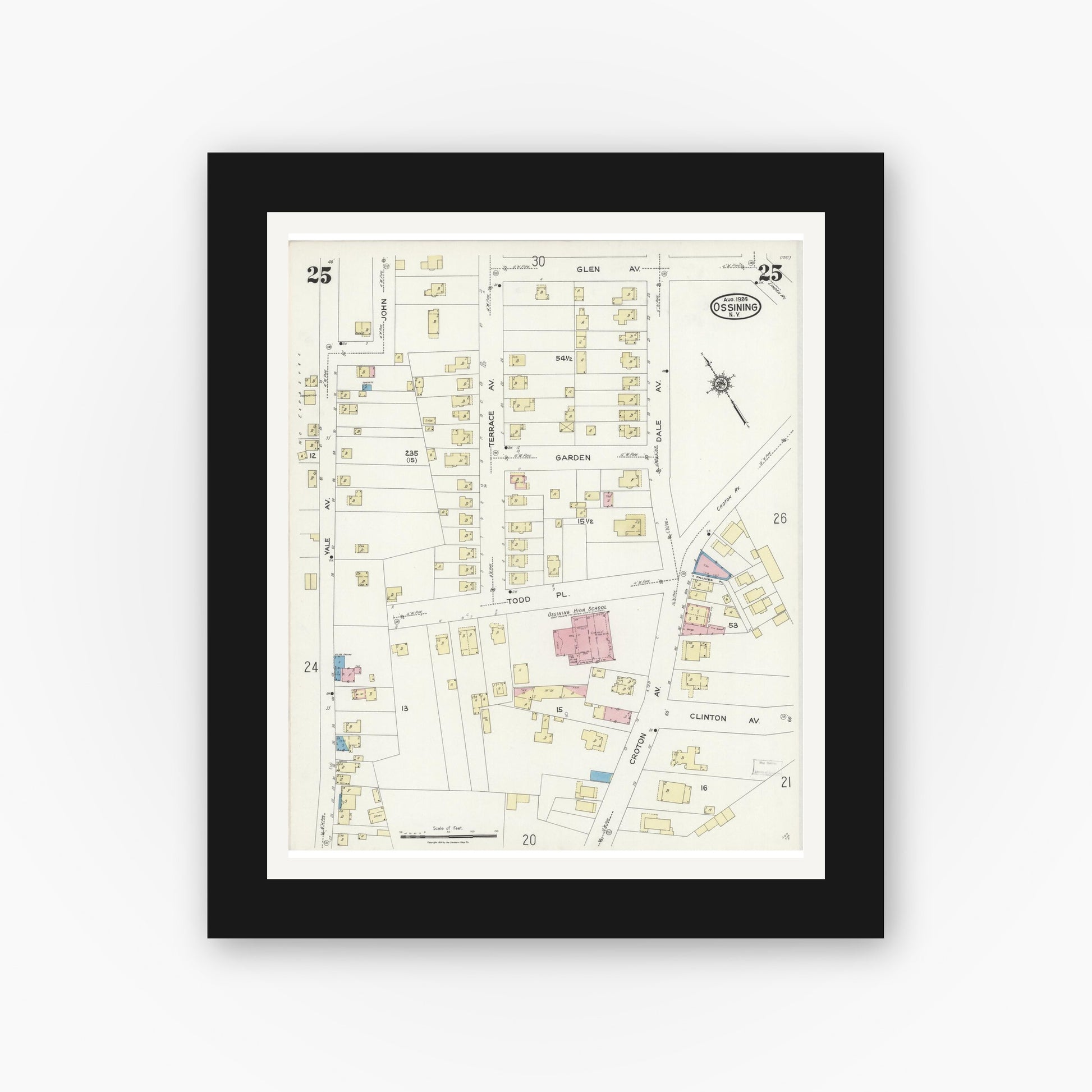 Old map wall art mockup — black gallery frame with white mat — Sanborn Fire Insurance Map from Ossining, Westchester County, New York (1924), Sheet #0025