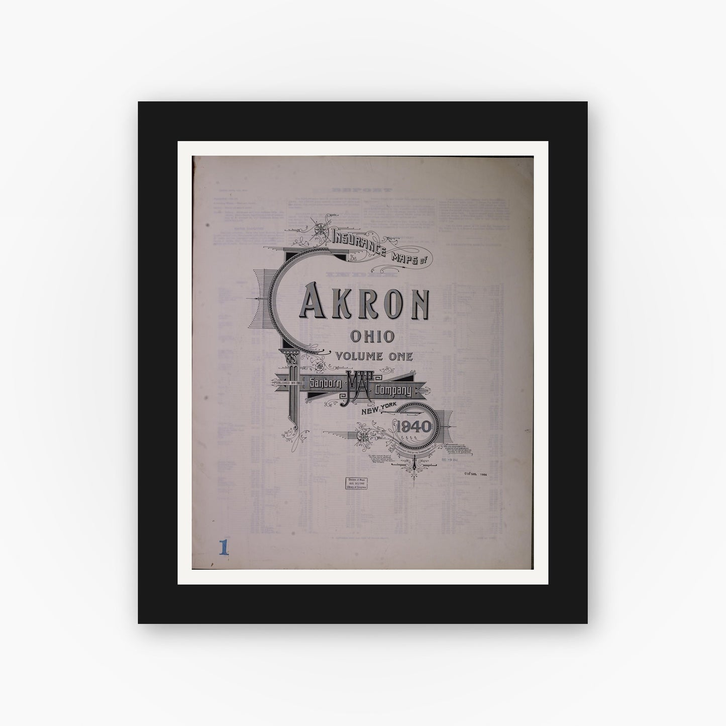 Old map wall art mockup — black gallery frame with white mat — Sanborn Fire Insurance Map from Akron, Summit County, Ohio (1940), Sheet #0001